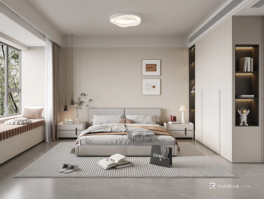 Modern Bedroom Interior With Bedside Tables Window Rug Wardrobe Decorative Paintings And Bookshelf Lighting 3d model 