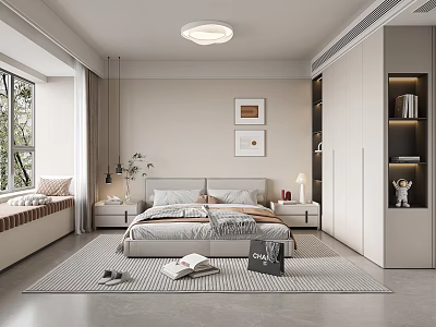 Modern Bedroom Interior With Bedside Tables Window Rug Wardrobe Decorative Paintings And Bookshelf Lighting 3d model