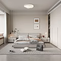 Modern Bedroom Interior With Bedside Tables Window Rug Wardrobe Decorative Paintings And Bookshelf Lighting