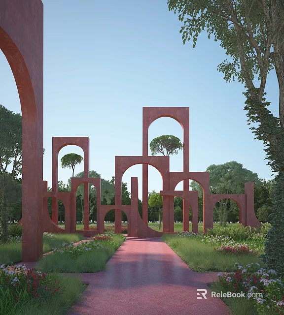 Garden Landscape Design with Red Arch Structures Green Trees and Pathway 3d model