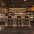 Industrial Style Bar Interior Design with Warm Lighting Leather Sofas Wooden Tables and Green Plants