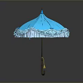 Scenic Outdoor Landscape With Blue Umbrella White Frilled Edge Brown Handle And Yellow Tassel