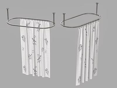 White Curtain With Pattern Hanging On Curved Metal Rod Design 3d model