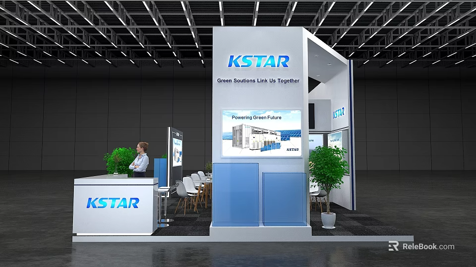 KSTAR Exhibition Booth With Green Solution Display Screen Reception Desk And Green Plants 3d model 