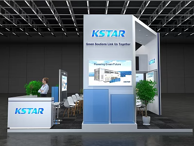 KSTAR Exhibition Booth With Green Solution Display Screen Reception Desk And Green Plants 3d model