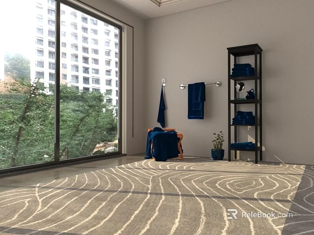 Modern Bathroom Interior With Large Windows Trees Outside Blue Chair Black Shelf And Wavy Carpet 3d model 