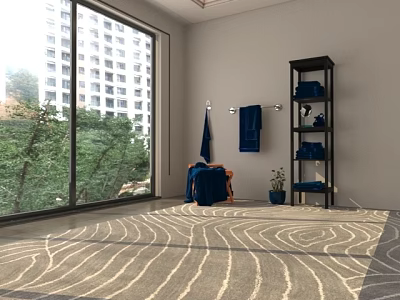 Modern Bathroom Interior With Large Windows Trees Outside Blue Chair Black Shelf And Wavy Carpet 3d model