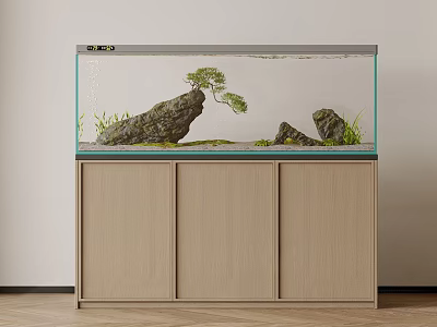 Natural Aquarium Setup With Rocks Aquatic Plants And Small Tree On Wooden Cabinet 3d model