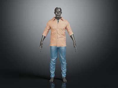 Light Brown Cotton Shirt and Blue Denim Jeans Casual Fashion Outfit for Men 3d model