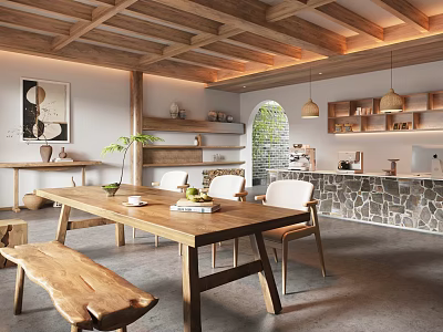 Rustic Restaurant Interior With Wooden Dining Table White Chairs Open Kitchen And Green Plants 3d model