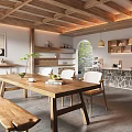 Rustic Restaurant Interior With Wooden Dining Table White Chairs Open Kitchen And Green Plants