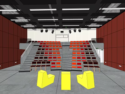 Staircase Conference Room With Red Black Seats Yellow Front Chairs And Red Walls 3d model