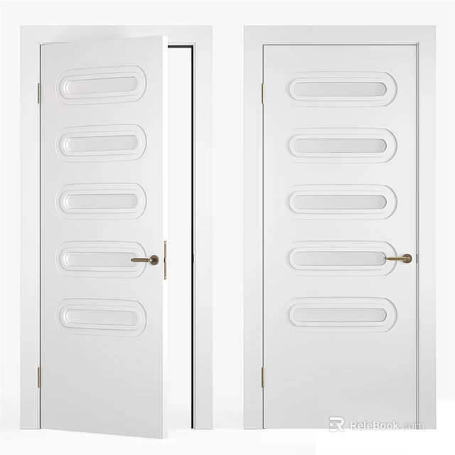 White Hinged Doors With Oval Groove Design And Metal Handles 3d model 