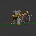 Cart With Barrels On Green Surface Featuring Yellow Trim And Silver Containers