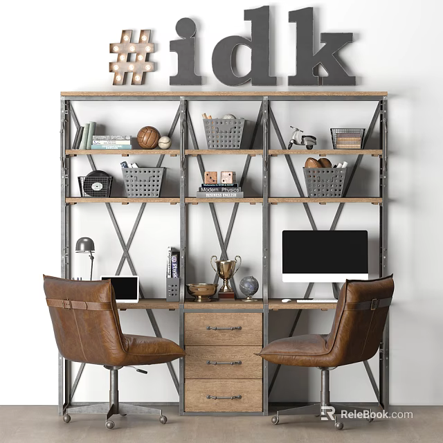 Modern Desk With Computer Monitor Lamp Leather Chairs And Decorative Shelf With Books Baskets 3d model 