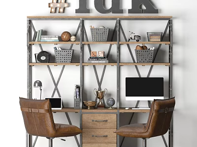 Modern Desk With Computer Monitor Lamp Leather Chairs And Decorative Shelf With Books Baskets 3d model