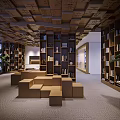 Cozy Lounge Area Interior With Wooden Ceiling Bookshelves Green Plants And Wooden Benches
