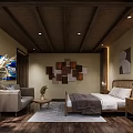 Cozy Hotel Guest Room With Wooden Ceiling Bed Sofa Large Window And Decorative Rug