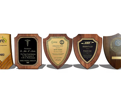 Wooden Award Plaques With Various Designs Shield Shaped And Rectangular Engraved Text 3d model