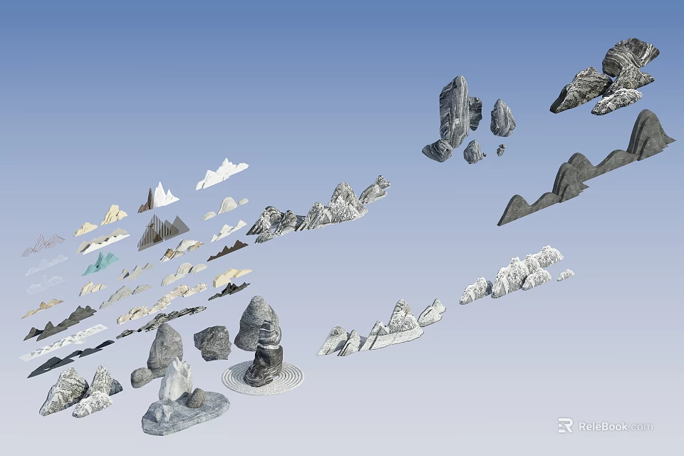 Natural Stone And Wood Decorative Elements With Various Shapes For Landscape Design 3d model 
