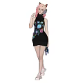 A Woman With Pink Hair And Cat Ears In Black Dress Featuring Colorful Patterns