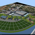 Aerial Planning Layout Featuring Large Green Space Curved Water Body and Surrounding Buildings