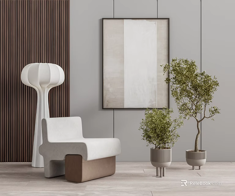 Modern Single Sofa Interior With Abstract Painting Potted Plants And Floor Lamp 3d model 