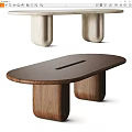 Minimalist Wooden Oval Dining Table With Unique Solid Legs And Smooth Walnut Tabletop Design 3d model