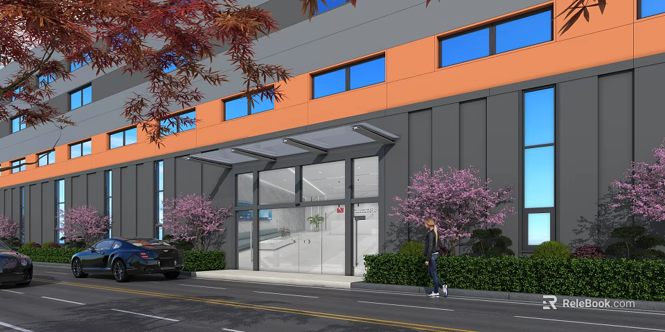 Industrial Factory Building With Gray Orange Exterior Blue Glass Windows And Pink Flowering Trees 3d model 