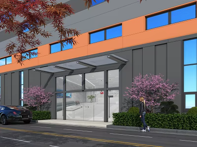 Industrial Factory Building With Gray Orange Exterior Blue Glass Windows And Pink Flowering Trees 3d model