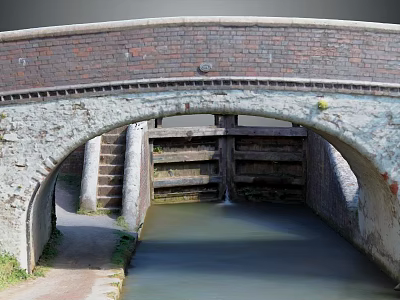 Stone Arch Bridge With Brick Masonry Over Canal Waterway Featuring Lock Gates And Side Steps 3d model