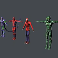 Game And Movie Character 3D Models With Four Characters Various Costumes Purple Red Green Outfits In Standing Poses