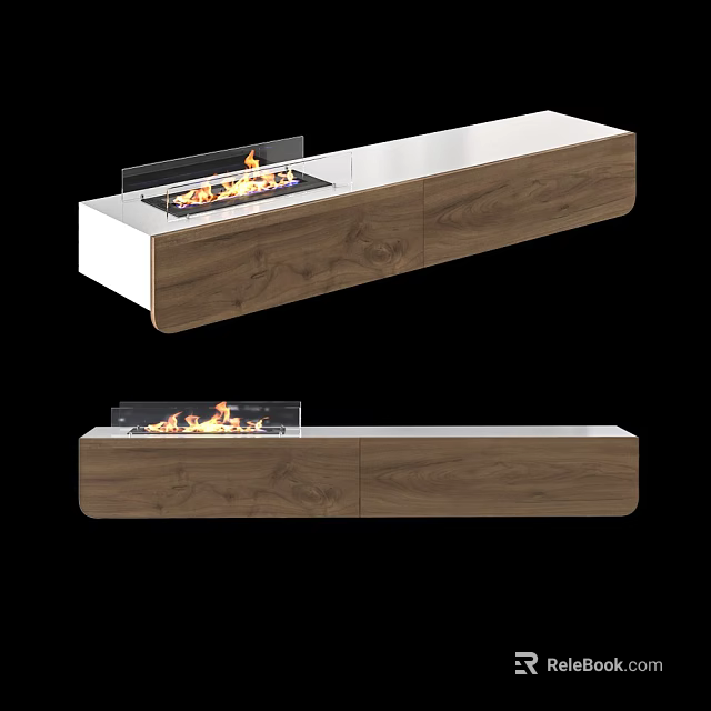 Sleek Modern Wall Mounted Fireplace With Wooden White Finish And Flames 3d model 