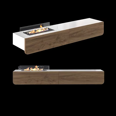 Sleek Modern Wall Mounted Fireplace With Wooden White Finish And Flames 3d model
