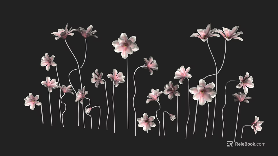 Decorative Pink Flowers With Slender Stems On Black Background 3d model