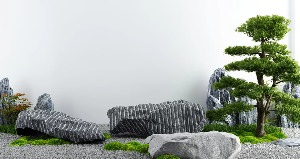 Traditional Karesansui Garden Design Featuring Stacked Rocks Smooth Gravel Lush Moss And Pine Tree 3d model 
