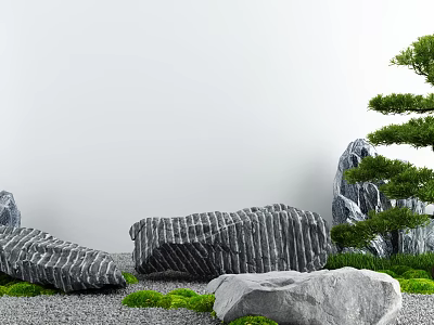 Traditional Karesansui Garden Design Featuring Stacked Rocks Smooth Gravel Lush Moss And Pine Tree 3d model