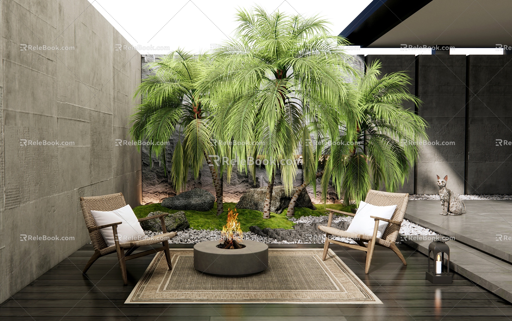 Home Courtyard Landscape Tree Palm Plant Needle Sunflower Outdoor Chair 3d model