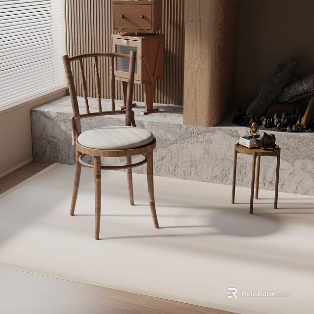 Accent Chair With Wooden Frame And White Cushion Near Small Side Table On Stone Platform 3d model 