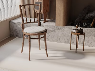 Accent Chair With Wooden Frame And White Cushion Near Small Side Table On Stone Platform 3d model