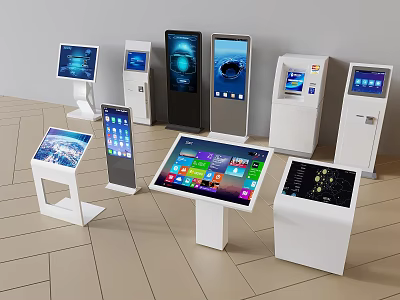 Public Facilities With Various Self Service Kiosks Featuring Interactive Digital Screens 3d model