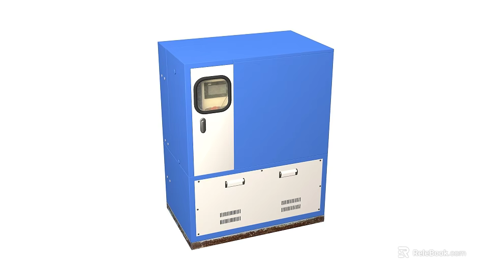 Blue and White Cabinet Style Industrial Equipment with Control Panel and Display Window 3d model 