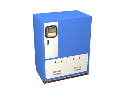 Blue and White Cabinet Style Industrial Equipment with Control Panel and Display Window 3d model