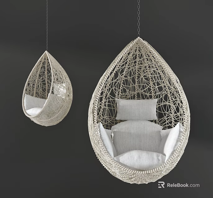 White Teardrop Shaped Woven Hanging Chair with Gray and White Cushions in Dark Gray Background 3d model 