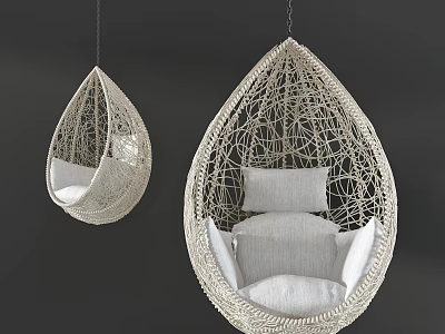 White Teardrop Shaped Woven Hanging Chair with Gray and White Cushions in Dark Gray Background 3d model