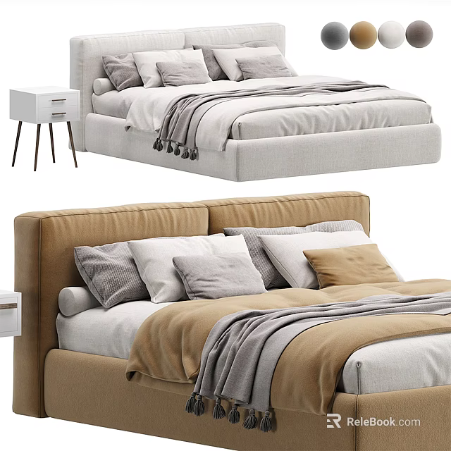 Light Gray And Brown Double Bed With Soft Pillows Cozy Blankets And Nightstand 3d model 