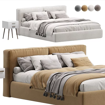 Light Gray And Brown Double Bed With Soft Pillows Cozy Blankets And Nightstand 3d model