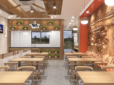 Warm Restaurant Interior With Wooden Tables Potted Plants Pendant Lights And Decorative Wall 3d model