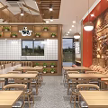 Warm Restaurant Interior With Wooden Tables Potted Plants Pendant Lights And Decorative Wall