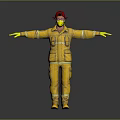 Firefighter In Yellow Fire Suit With Red Helmet And Yellow Gloves Arms Outstretched Dark Background